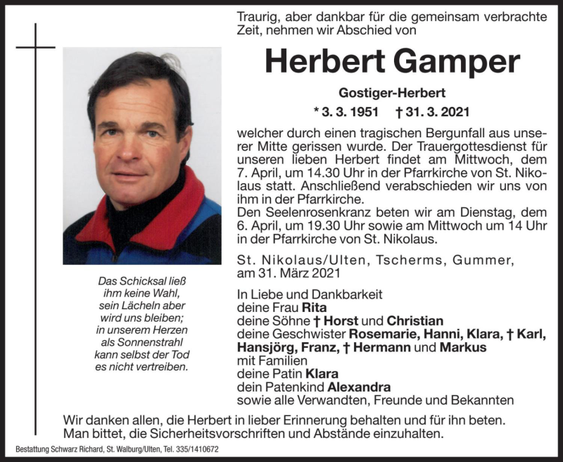  Traueranzeige für Herbert Gamper vom 06.04.2021 aus Dolomiten