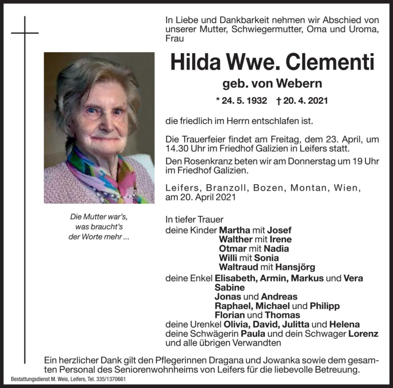  Traueranzeige für Hilda Clementi vom 21.04.2021 aus Dolomiten