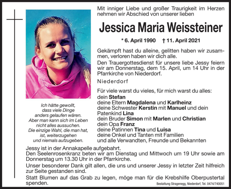  Traueranzeige für Jessica Maria Weissteiner vom 13.04.2021 aus Dolomiten