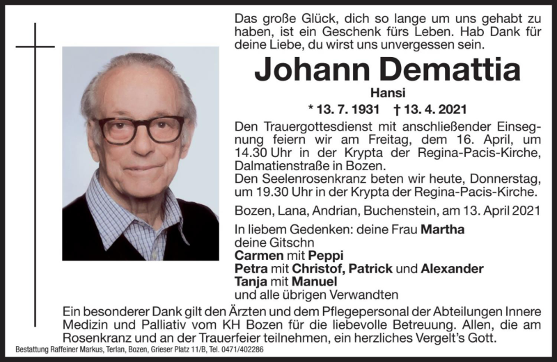  Traueranzeige für Johann Demattia vom 15.04.2021 aus Dolomiten
