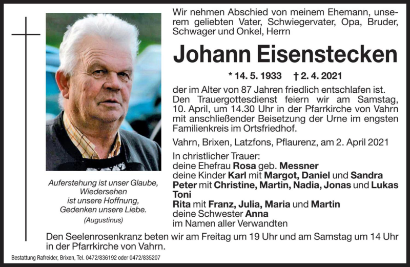  Traueranzeige für Johann Eisenstecken vom 09.04.2021 aus Dolomiten