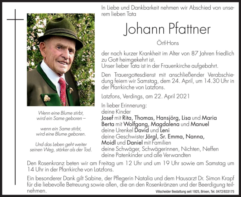  Traueranzeige für Johann Pfattner vom 23.04.2021 aus Dolomiten