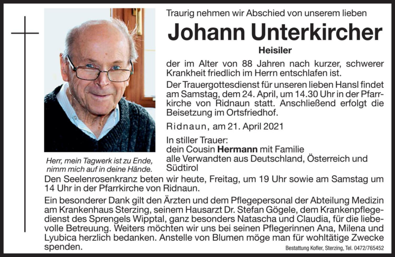  Traueranzeige für Johann Unterkircher vom 23.04.2021 aus Dolomiten