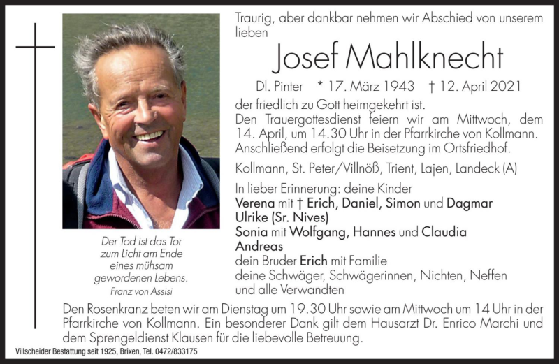 Traueranzeige für Josef Mahlknecht vom 13.04.2021 aus Dolomiten