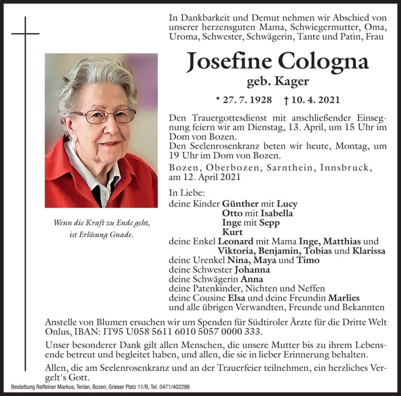  Traueranzeige für Josefine Cologna vom 12.04.2021 aus Dolomiten