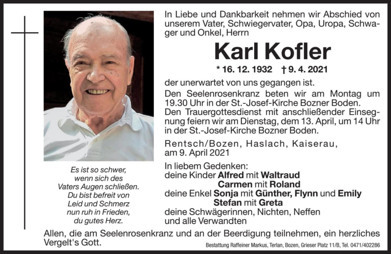  Traueranzeige für Karl Kofler vom 10.04.2021 aus Dolomiten