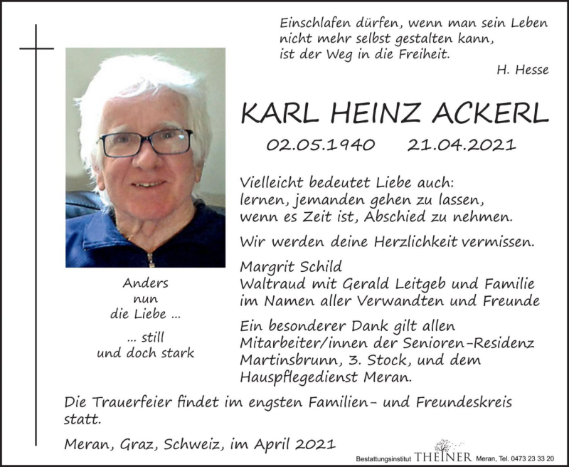  Traueranzeige für Karl Heinz Ackerl vom 23.04.2021 aus Dolomiten
