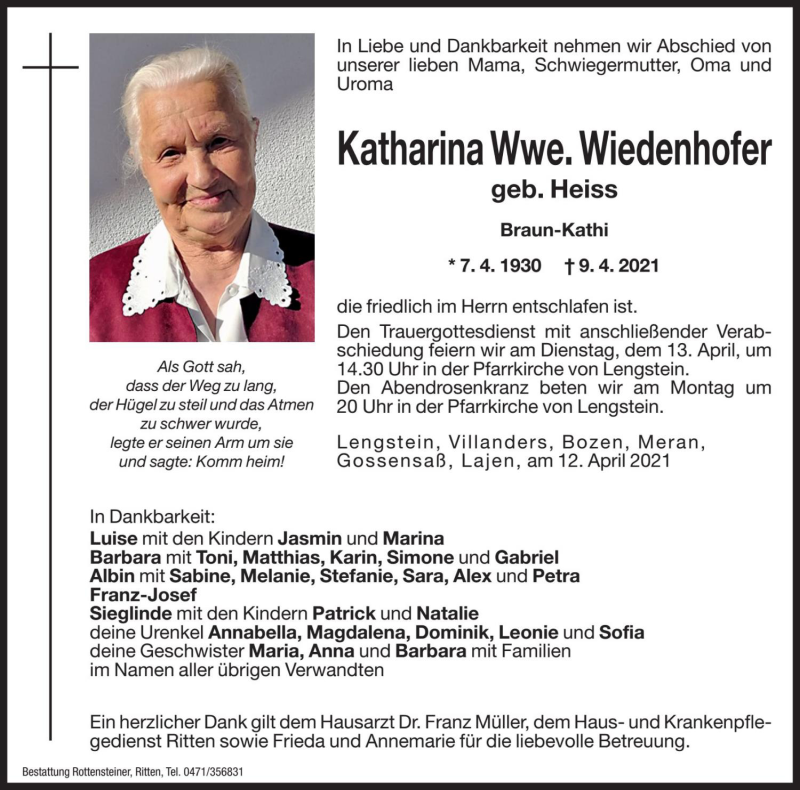  Traueranzeige für Katharina Wiedenhofer vom 12.04.2021 aus Dolomiten