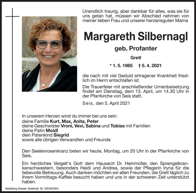  Traueranzeige für Margareth Silbernagl vom 12.04.2021 aus Dolomiten