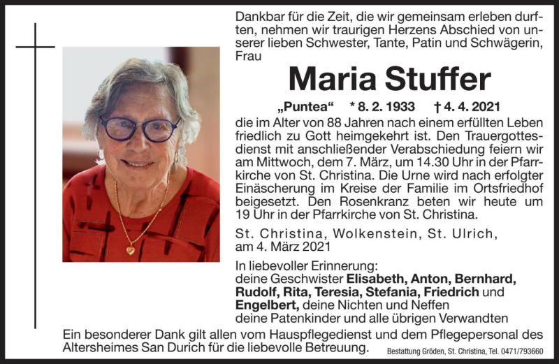  Traueranzeige für Maria Stuffer vom 06.04.2021 aus Dolomiten
