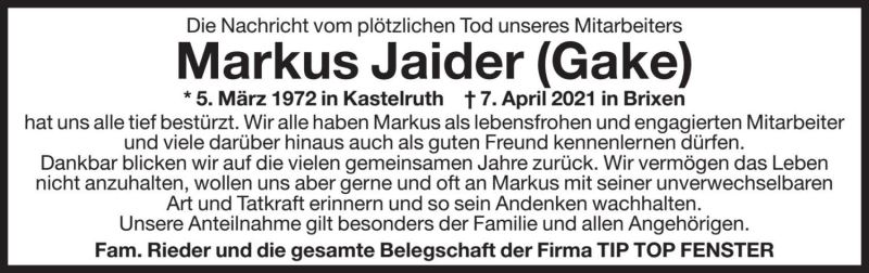  Traueranzeige für Markus Jaider vom 16.04.2021 aus Dolomiten