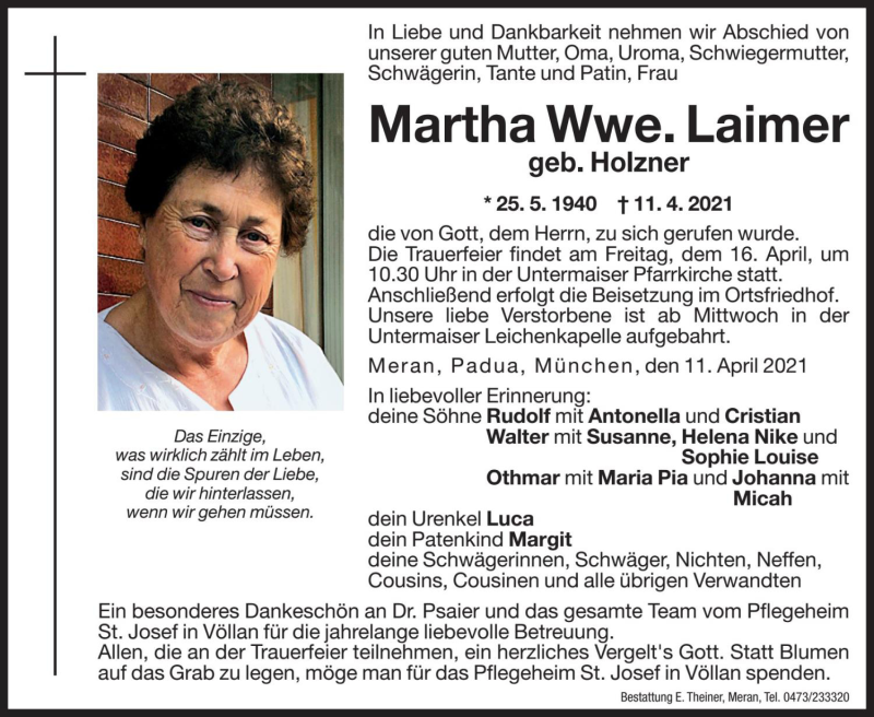  Traueranzeige für Martha Laimer vom 14.04.2021 aus Dolomiten