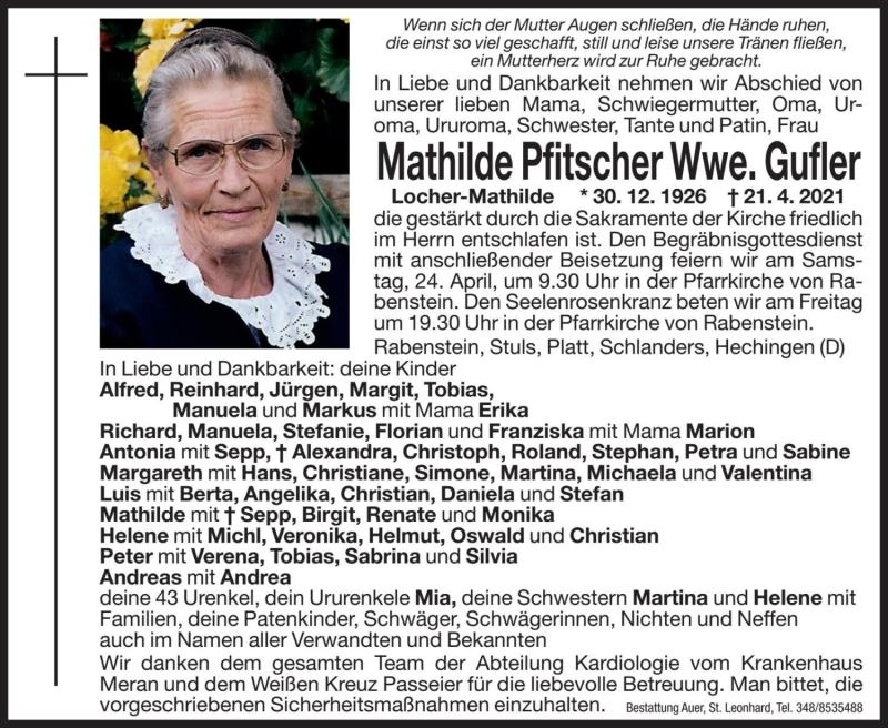  Traueranzeige für Mathilde Gufler vom 23.04.2021 aus Dolomiten