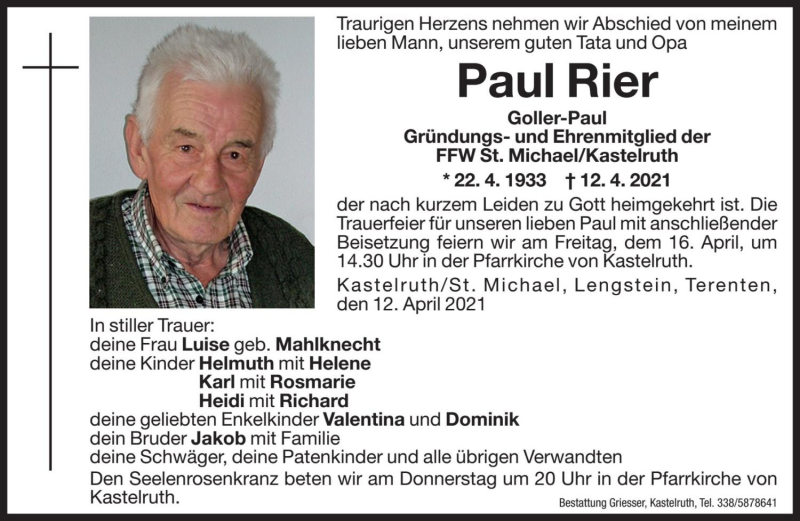  Traueranzeige für Paul Rier vom 15.04.2021 aus Dolomiten