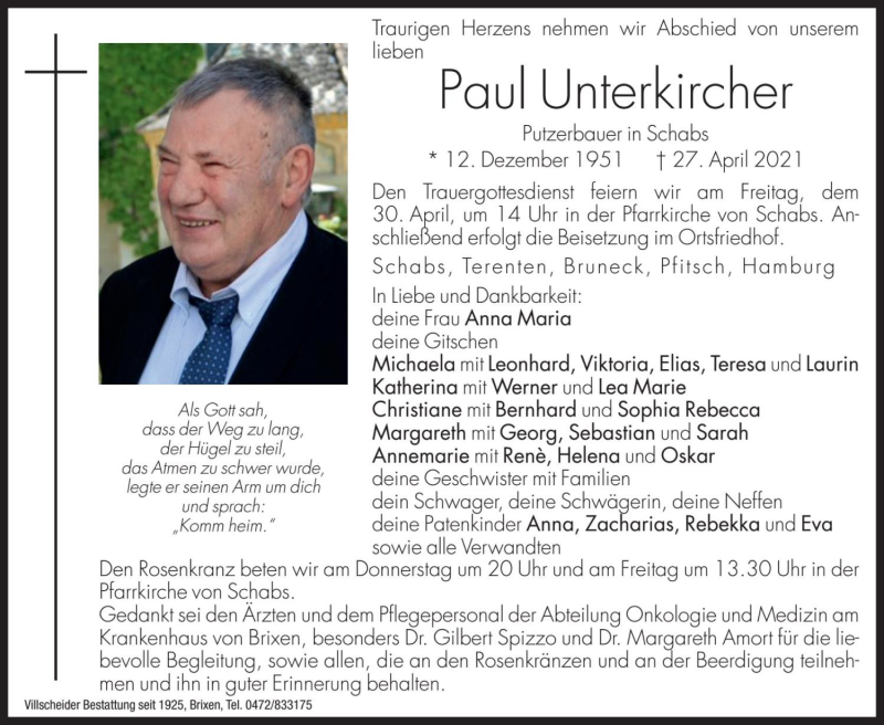  Traueranzeige für Paul Unterkircher vom 29.04.2021 aus Dolomiten