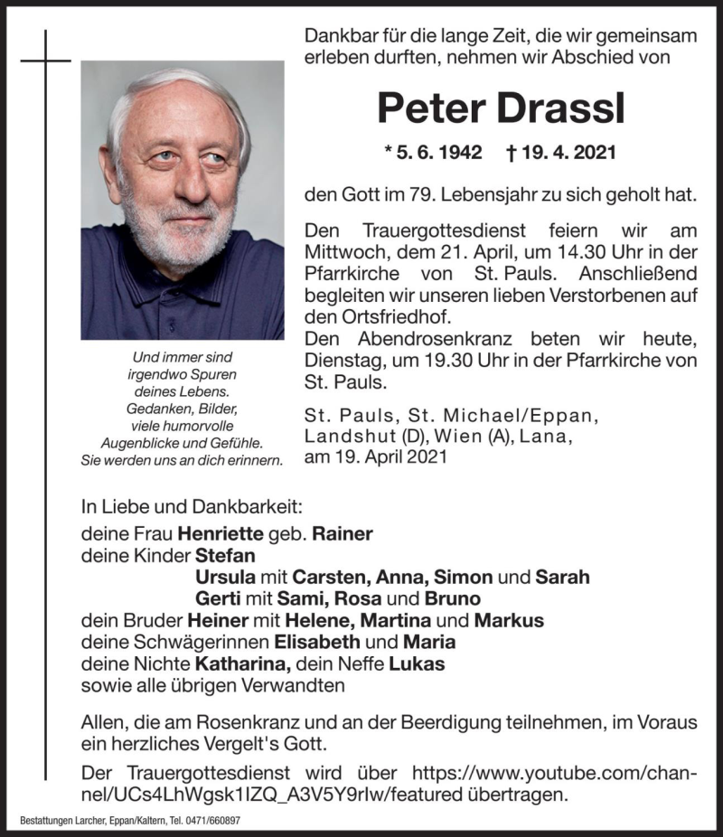  Traueranzeige für Peter Drassl vom 20.04.2021 aus Dolomiten