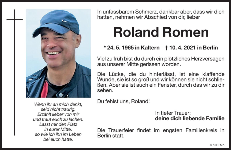  Traueranzeige für Roland Romen vom 13.04.2021 aus Dolomiten