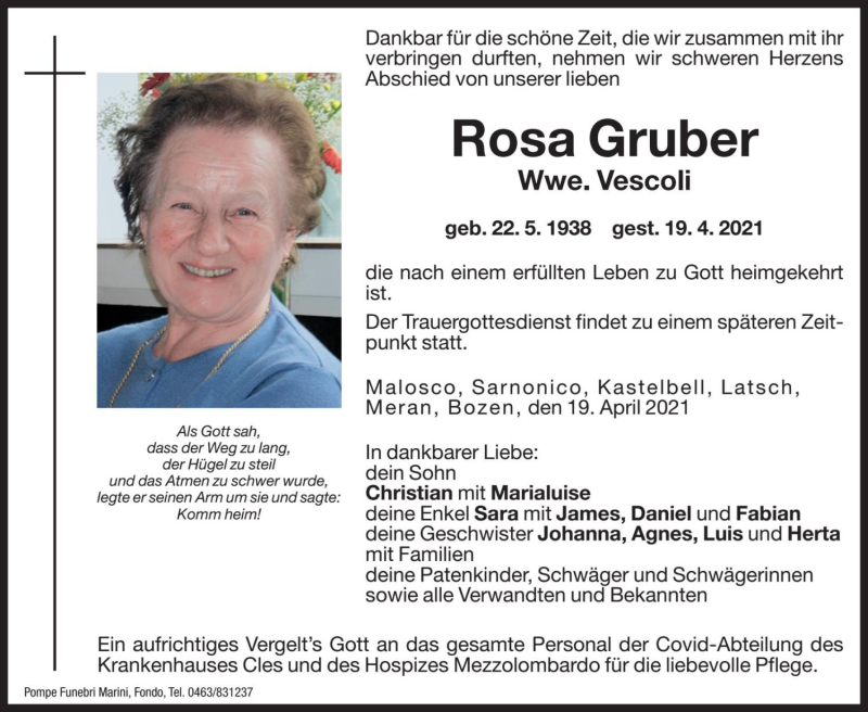  Traueranzeige für Rosa Vescoli vom 21.04.2021 aus Dolomiten
