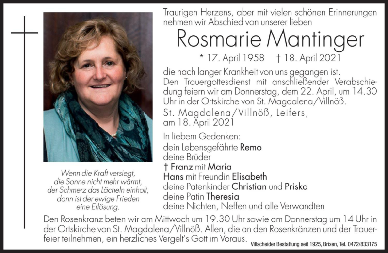 Traueranzeige für Rosmarie Mantinger vom 20.04.2021 aus Dolomiten
