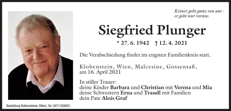  Traueranzeige für Siegfried Plunger vom 16.04.2021 aus Dolomiten