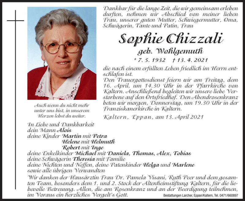  Traueranzeige für Sophie Chizzali vom 14.04.2021 aus Dolomiten
