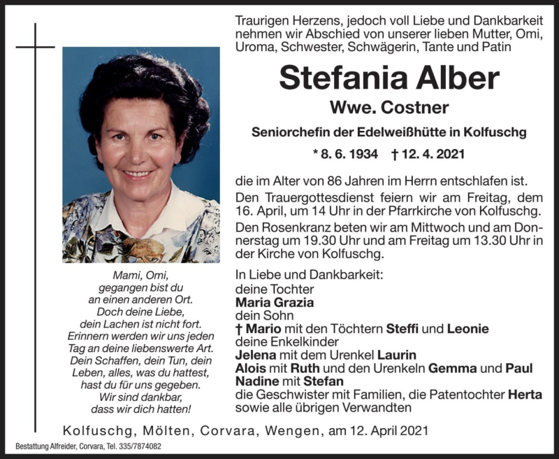 Traueranzeige für Stefania Costner vom 14.04.2021 aus Dolomiten