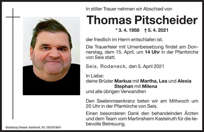  Traueranzeige für Thomas Pitscheider vom 13.04.2021 aus Dolomiten