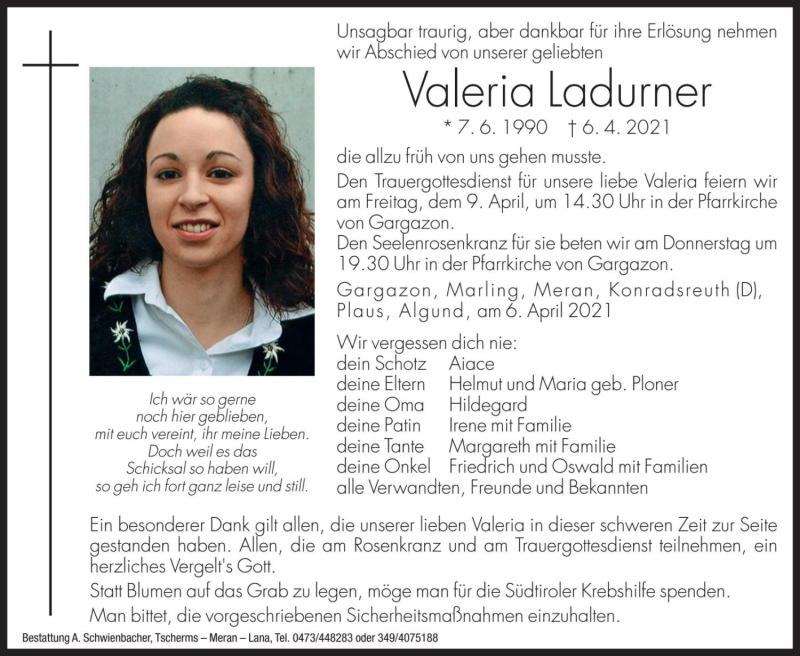  Traueranzeige für Valeria Ladurner vom 07.04.2021 aus Dolomiten