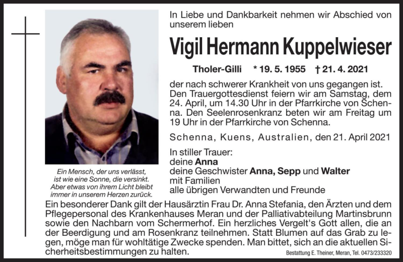  Traueranzeige für Vigil Hermann Kuppelwieser vom 23.04.2021 aus Dolomiten