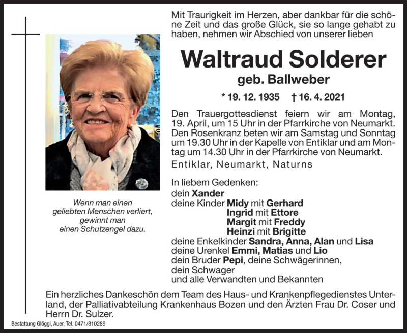  Traueranzeige für Waltraud Solderer vom 17.04.2021 aus Dolomiten