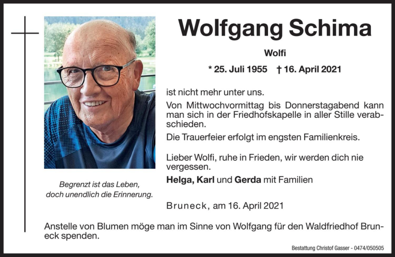  Traueranzeige für Wolfgang Schima vom 21.04.2021 aus Dolomiten