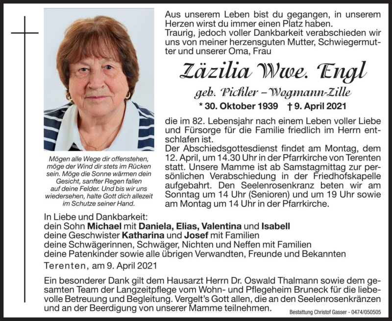  Traueranzeige für Zäzilia Engl vom 10.04.2021 aus Dolomiten