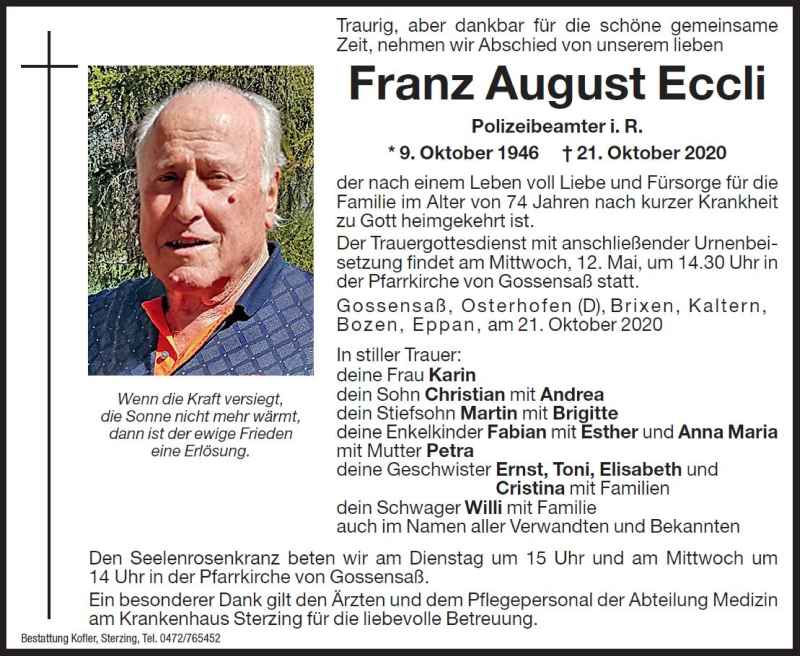  Traueranzeige für Franz August Eccli vom 10.05.2021 aus Dolomiten