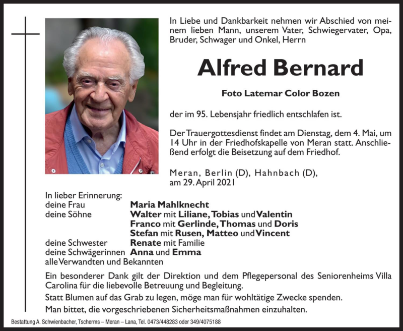  Traueranzeige für Alfred Bernard vom 03.05.2021 aus Dolomiten