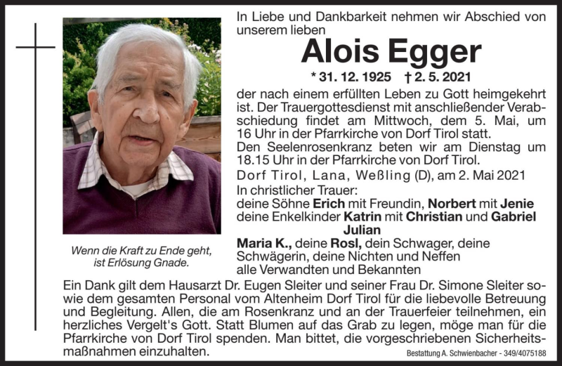  Traueranzeige für Alois Egger vom 04.05.2021 aus Dolomiten
