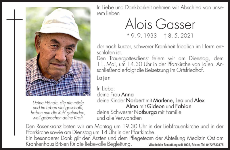  Traueranzeige für Alois Gasser vom 10.05.2021 aus Dolomiten