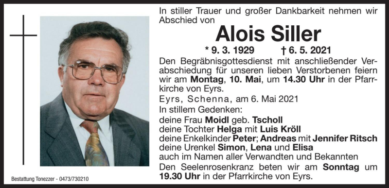  Traueranzeige für Alois Siller vom 08.05.2021 aus Dolomiten