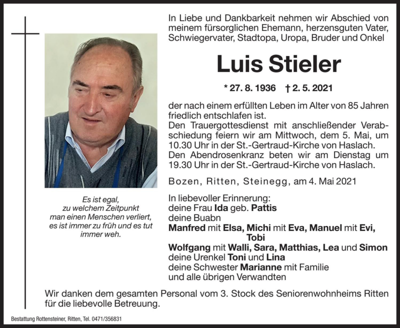  Traueranzeige für Luis Stieler vom 04.05.2021 aus Dolomiten