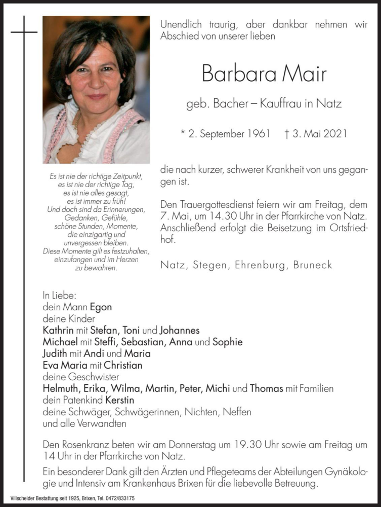  Traueranzeige für Barbara Mair vom 05.05.2021 aus Dolomiten