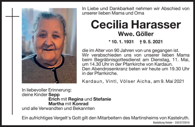  Traueranzeige für Cecilia Göller vom 10.05.2021 aus Dolomiten