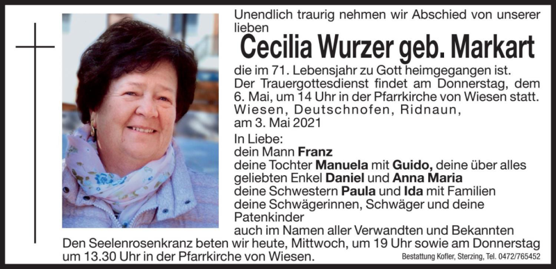  Traueranzeige für Cecilia Wurzer vom 05.05.2021 aus Dolomiten