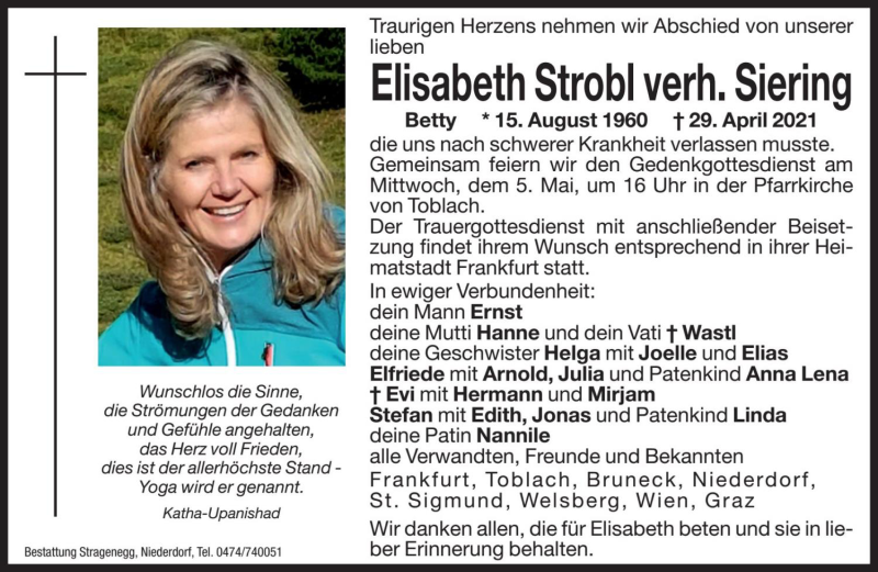 Traueranzeige für Elisabeth Siering vom 04.05.2021 aus Dolomiten