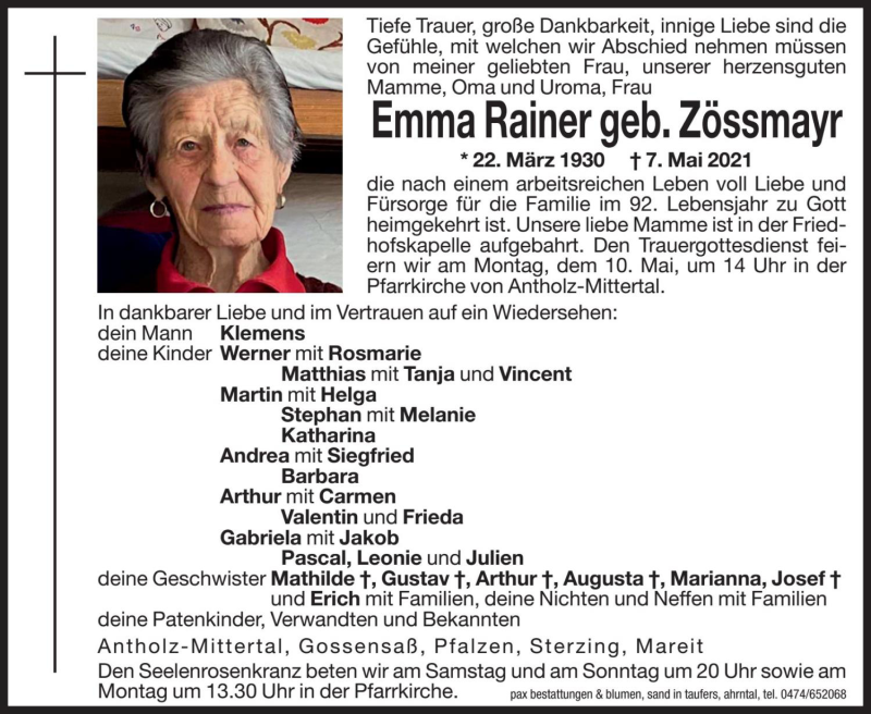  Traueranzeige für Emma Rainer vom 08.05.2021 aus Dolomiten