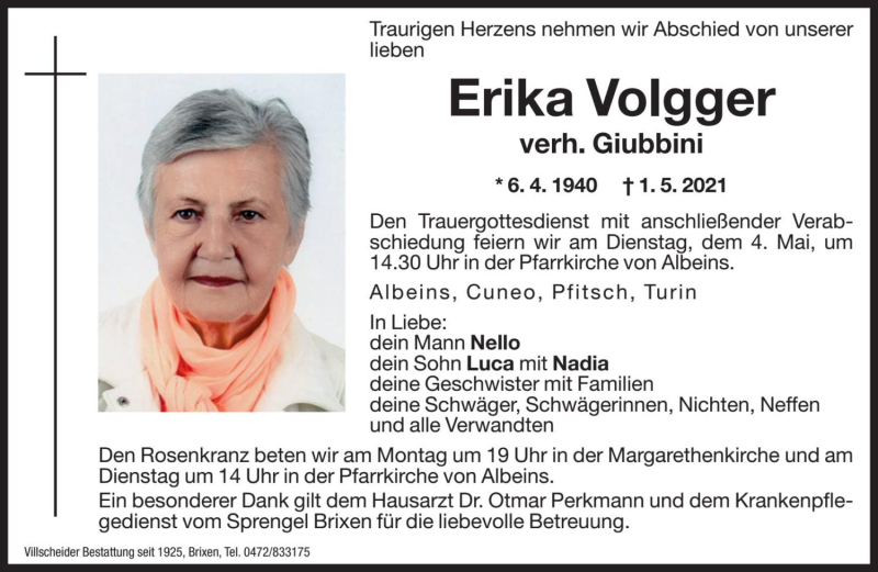  Traueranzeige für Erika Giubbini vom 03.05.2021 aus Dolomiten