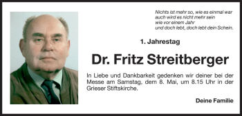 Traueranzeige von Fritz Streitberger von Dolomiten