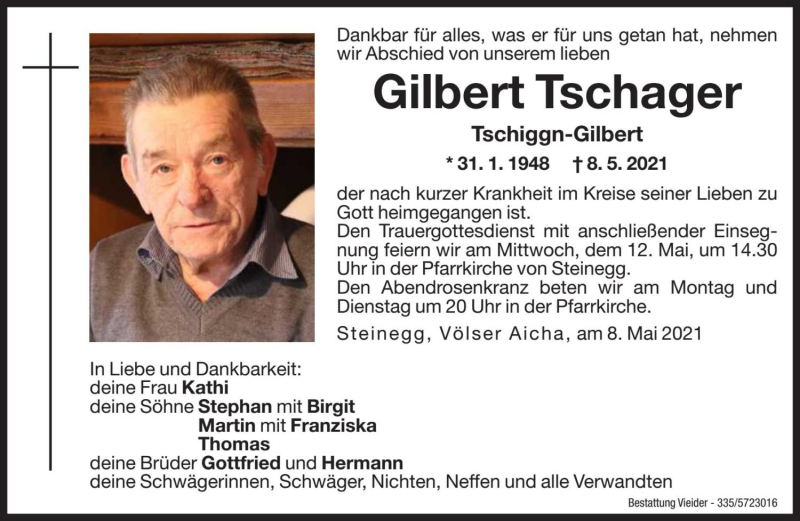  Traueranzeige für Gilbert Tschager vom 10.05.2021 aus Dolomiten
