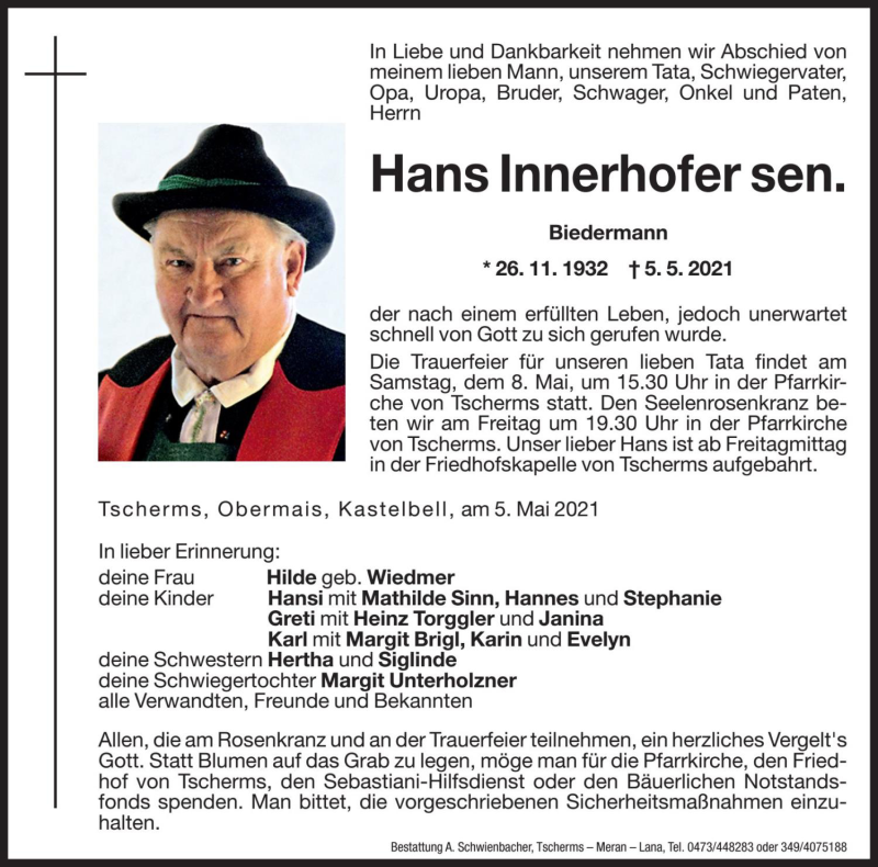  Traueranzeige für Hans Innerhofer vom 07.05.2021 aus Dolomiten