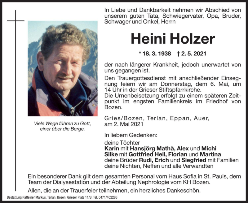  Traueranzeige für Heini Holzer vom 04.05.2021 aus Dolomiten