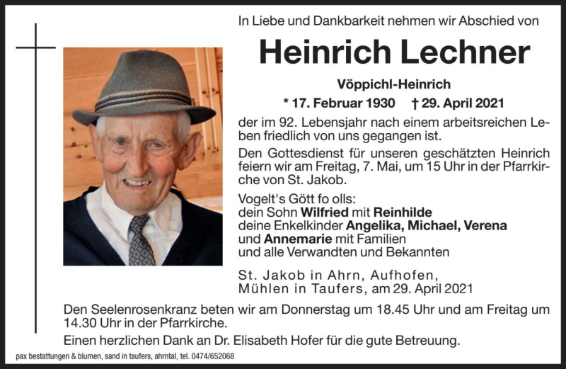  Traueranzeige für Heinrich Lechner vom 06.05.2021 aus Dolomiten