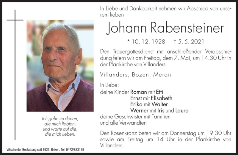 Traueranzeige für Johann Rabensteiner vom 06.05.2021 aus Dolomiten